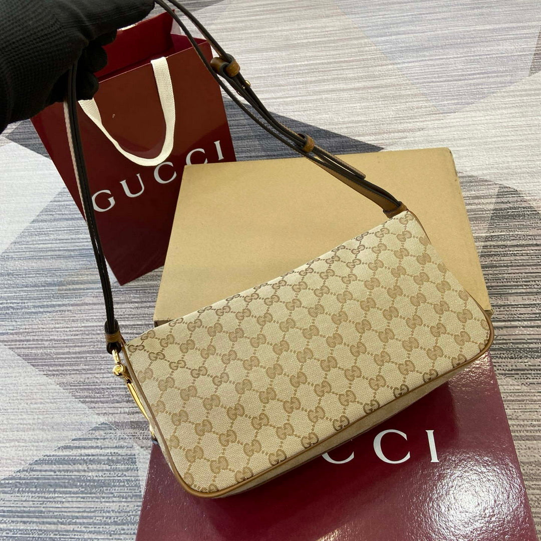 Gucci 860787 Gucci Half Horsebit Medium Shoulder Bag Beige GG canvas
