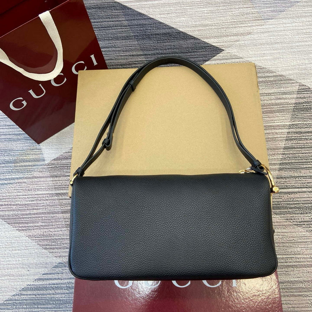 Gucci 860787 Gucci Half Horsebit Medium Shoulder Bag Black soft grainy leather
