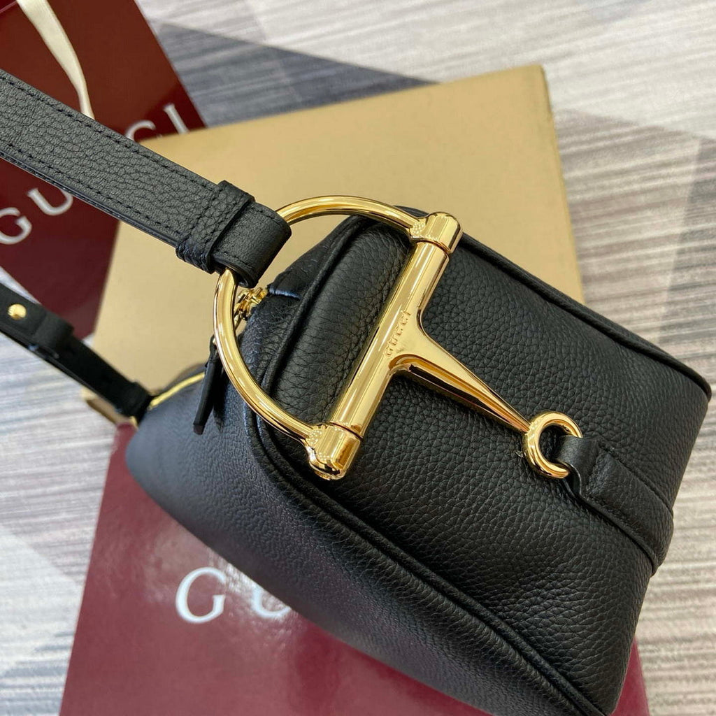 Gucci 860787 Gucci Half Horsebit Medium Shoulder Bag Black soft grainy leather