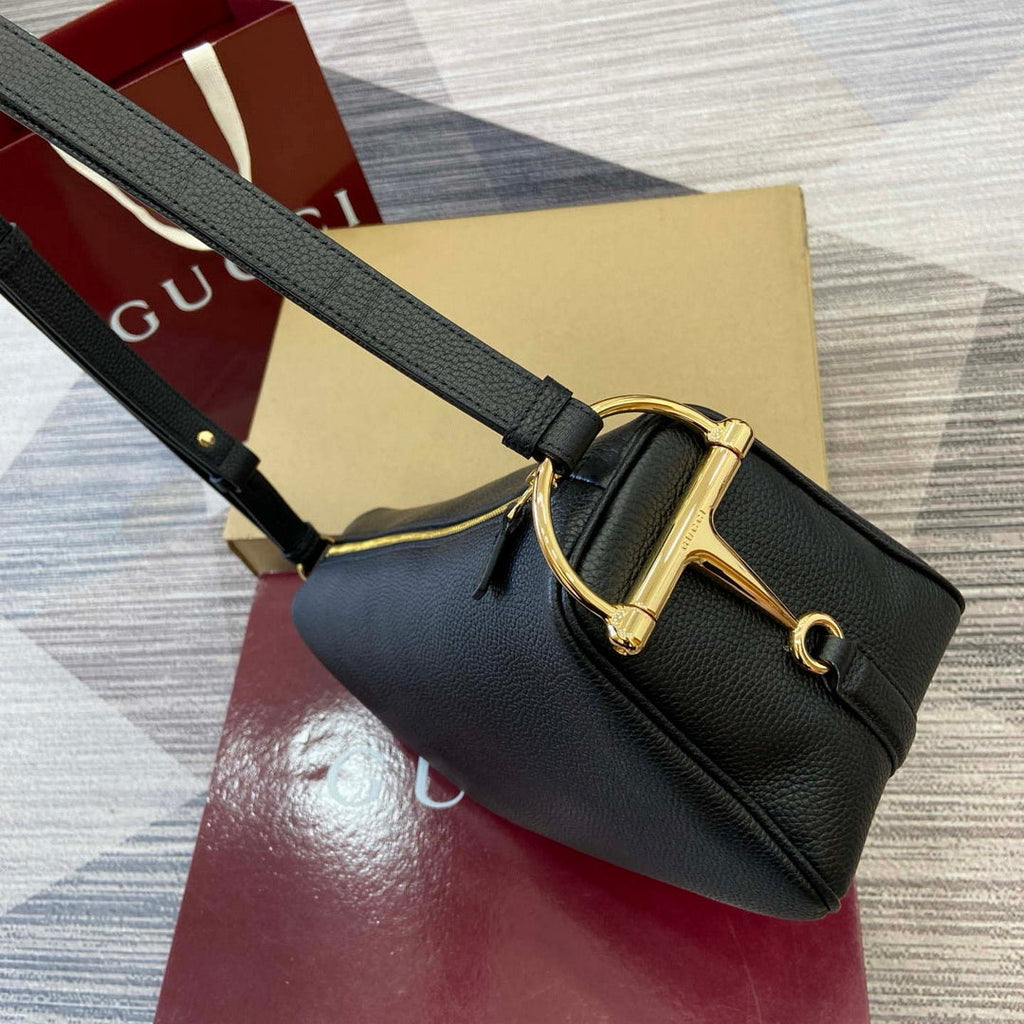 Gucci 860787 Gucci Half Horsebit Medium Shoulder Bag Black soft grainy leather