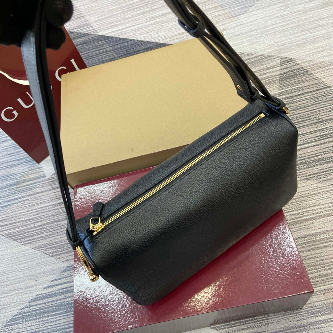 Gucci 860787 Gucci Half Horsebit Medium Shoulder Bag Black soft grainy leather
