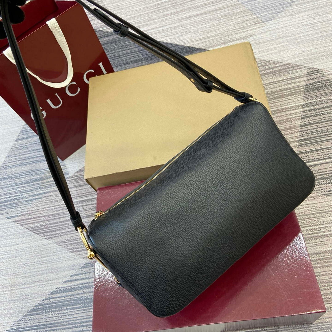 Gucci 860787 Gucci Half Horsebit Medium Shoulder Bag Black soft grainy leather