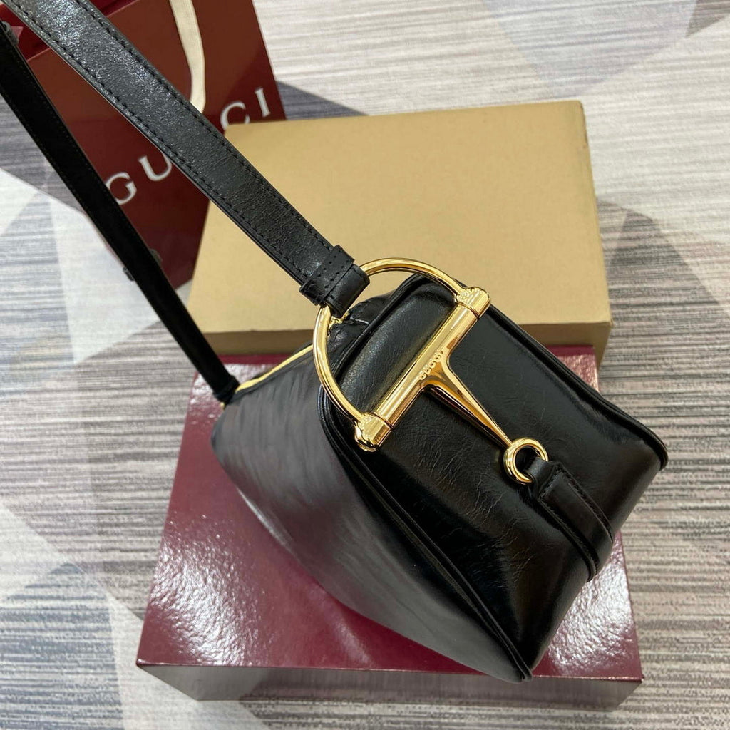 Gucci 860787 Gucci Half Horsebit Medium Shoulder Bag Black