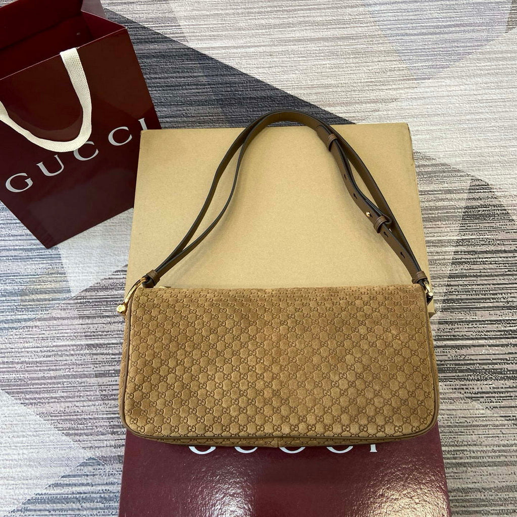 Gucci 860787 Gucci Half Horsebit Medium Shoulder Bag Brown GG suede