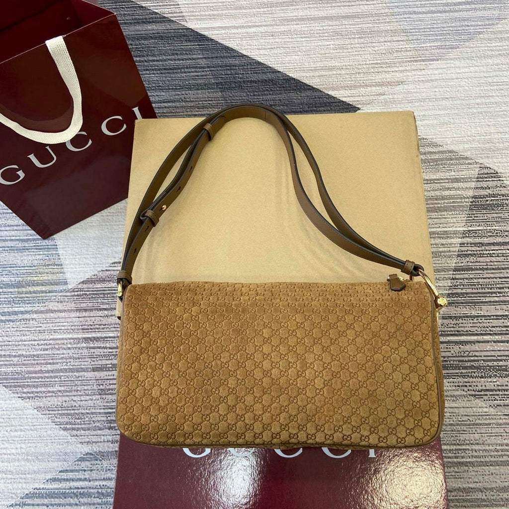 Gucci 860787 Gucci Half Horsebit Medium Shoulder Bag Brown GG suede