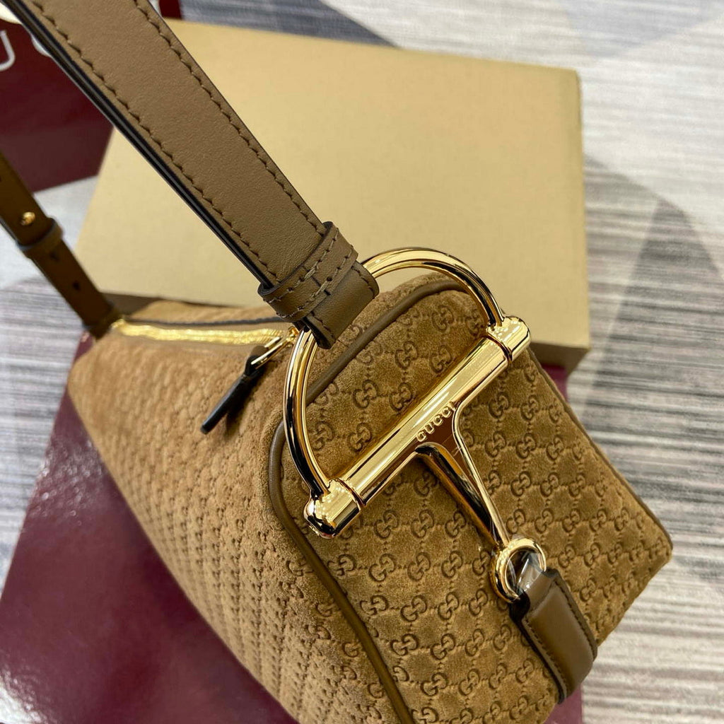Gucci 860787 Gucci Half Horsebit Medium Shoulder Bag Brown GG suede