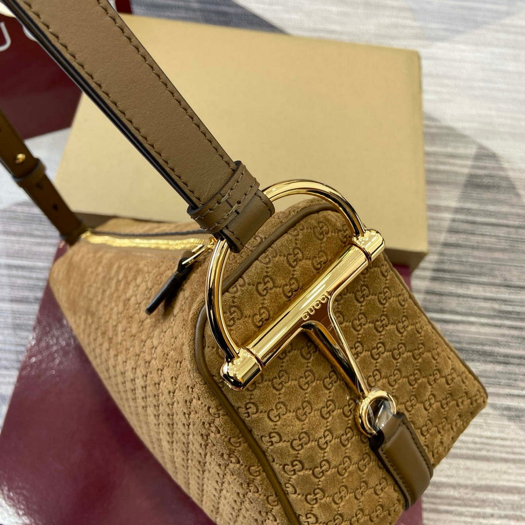 Gucci 860787 Gucci Half Horsebit Medium Shoulder Bag Brown GG suede