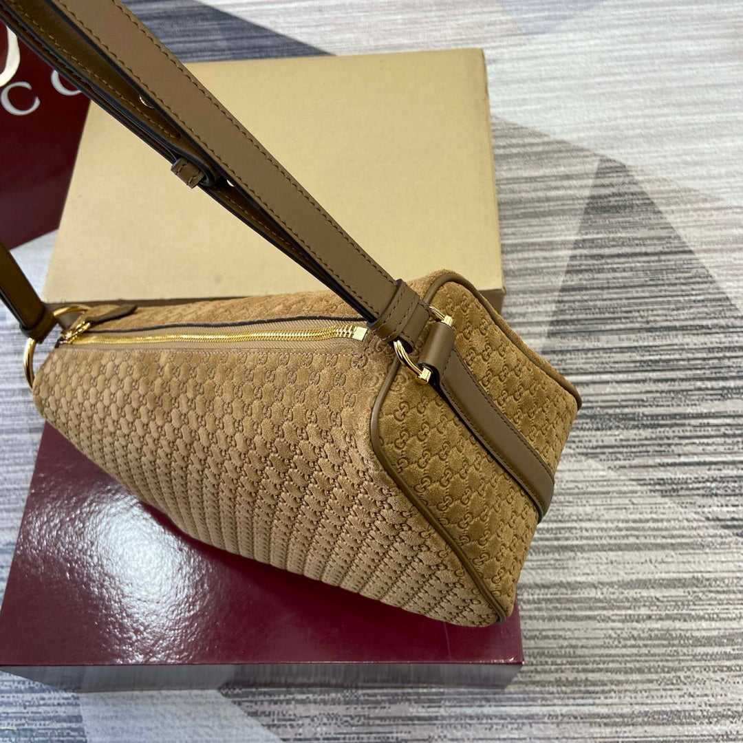 Gucci 860787 Gucci Half Horsebit Medium Shoulder Bag Brown GG suede