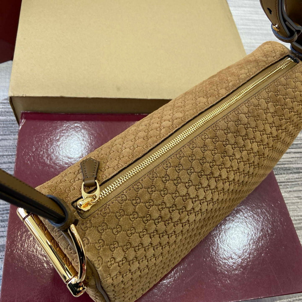 Gucci 860787 Gucci Half Horsebit Medium Shoulder Bag Brown GG suede
