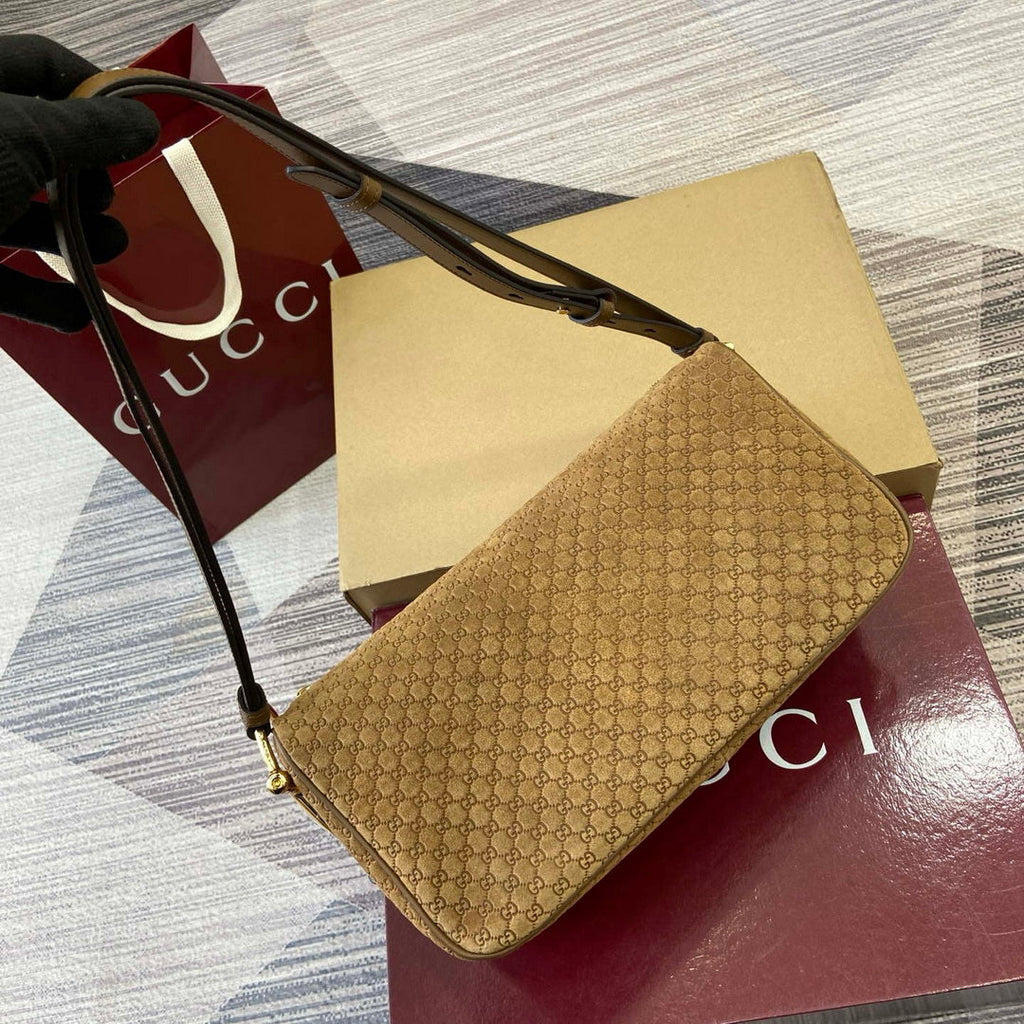 Gucci 860787 Gucci Half Horsebit Medium Shoulder Bag Brown GG suede