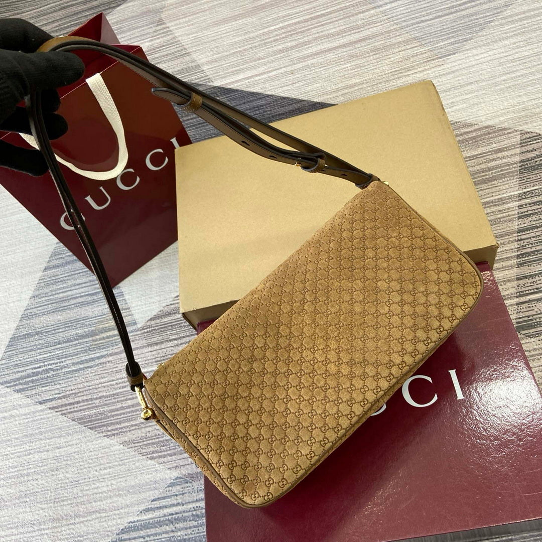 Gucci 860787 Gucci Half Horsebit Medium Shoulder Bag Brown GG suede