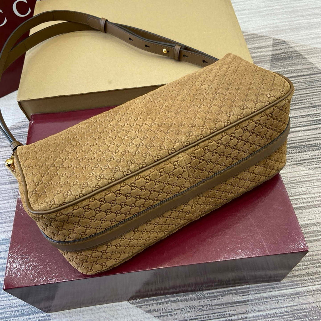 Gucci 860787 Gucci Half Horsebit Medium Shoulder Bag Brown GG suede