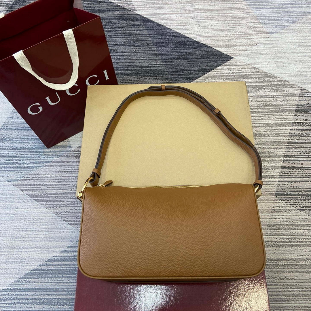 Gucci 860787 Gucci Half Horsebit Medium Shoulder Bag Brown soft grainy leather