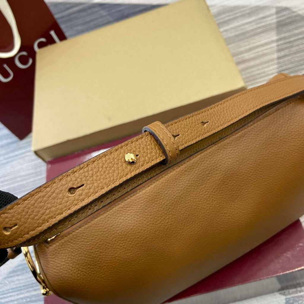 Gucci 860787 Gucci Half Horsebit Medium Shoulder Bag Brown soft grainy leather