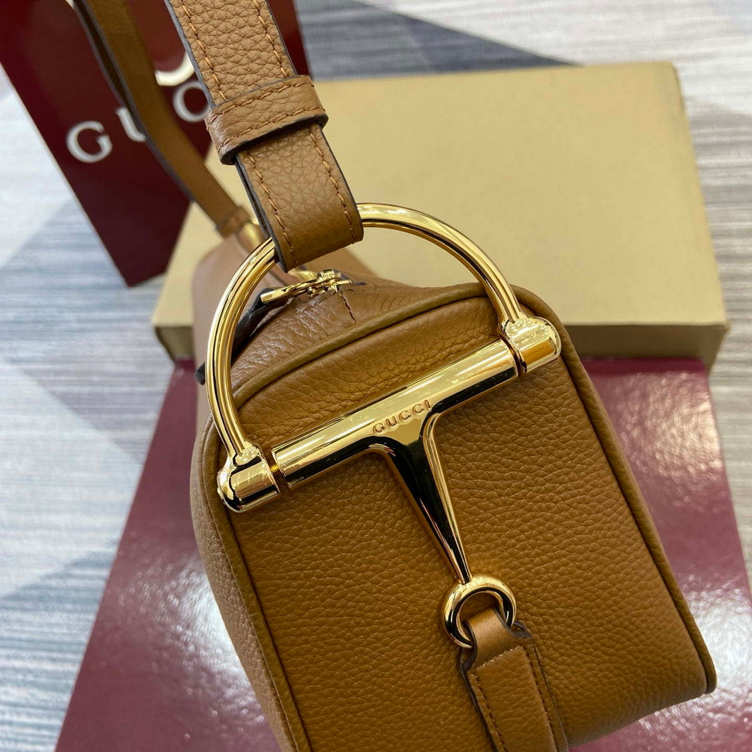 Gucci 860787 Gucci Half Horsebit Medium Shoulder Bag Brown soft grainy leather