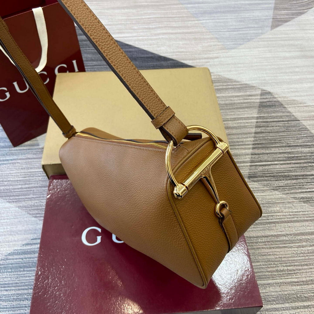 Gucci 860787 Gucci Half Horsebit Medium Shoulder Bag Brown soft grainy leather