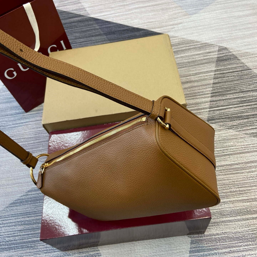 Gucci 860787 Gucci Half Horsebit Medium Shoulder Bag Brown soft grainy leather