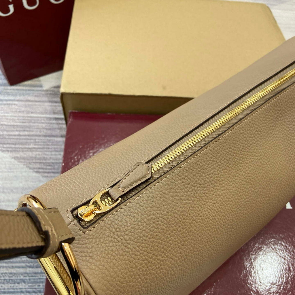 Gucci 860787 Gucci Half Horsebit Medium Shoulder Bag Taupe soft grainy leather