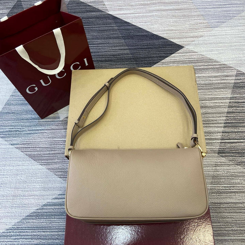 Gucci 860787 Gucci Half Horsebit Medium Shoulder Bag Taupe soft grainy leather