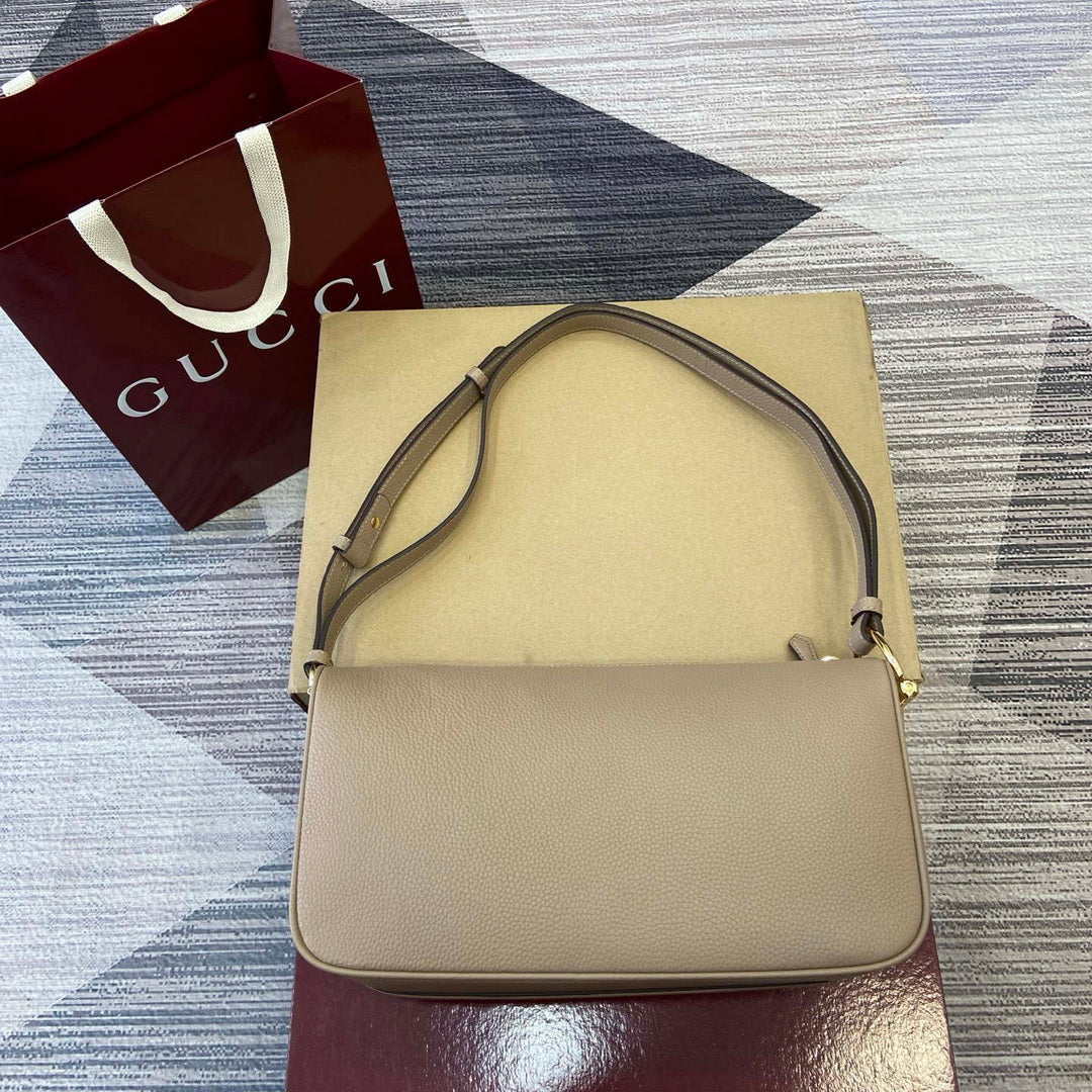 Gucci 860787 Gucci Half Horsebit Medium Shoulder Bag Taupe soft grainy leather