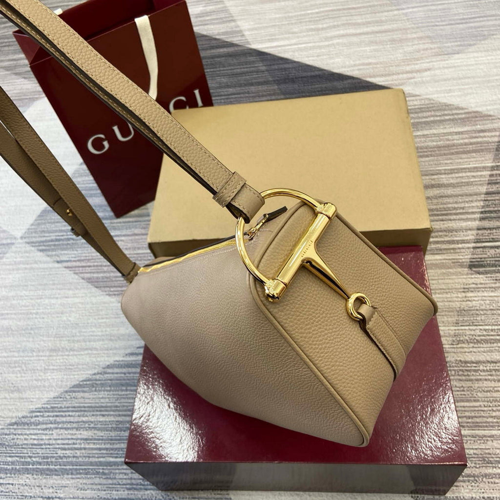 Gucci 860787 Gucci Half Horsebit Medium Shoulder Bag Taupe soft grainy leather