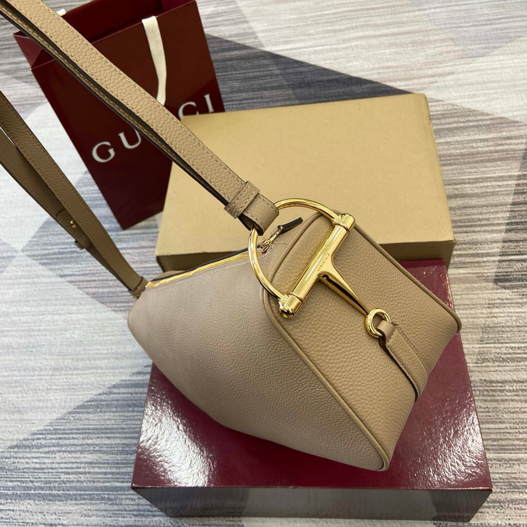 Gucci 860787 Gucci Half Horsebit Medium Shoulder Bag Taupe soft grainy leather