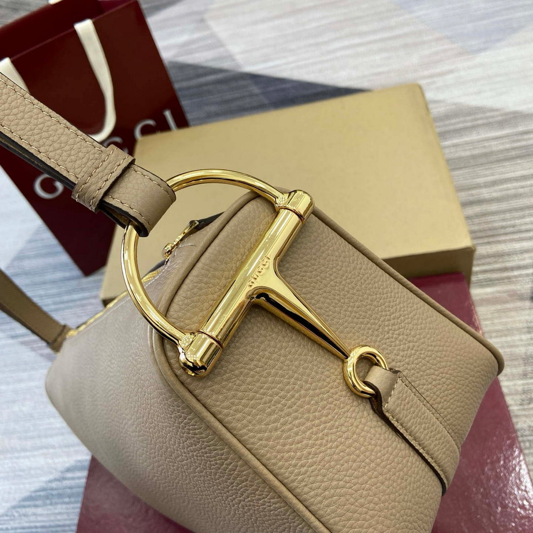 Gucci 860787 Gucci Half Horsebit Medium Shoulder Bag Taupe soft grainy leather