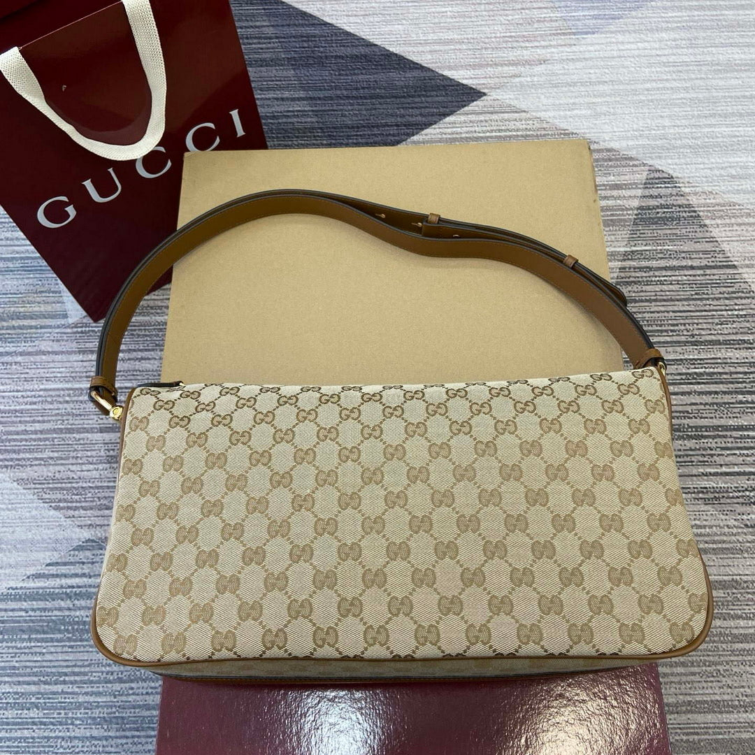 Gucci 862530 Gucci Half Horsebit Large Shoulder Bag Beige GG canvas