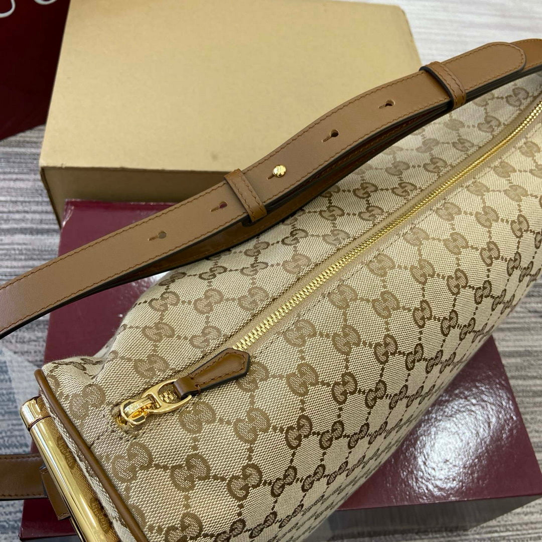 Gucci 862530 Gucci Half Horsebit Large Shoulder Bag Beige GG canvas
