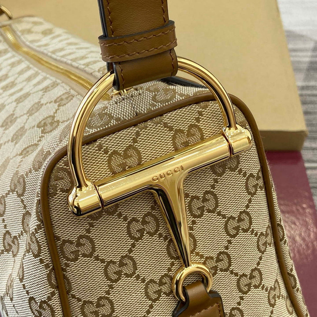 Gucci 862530 Gucci Half Horsebit Large Shoulder Bag Beige GG canvas