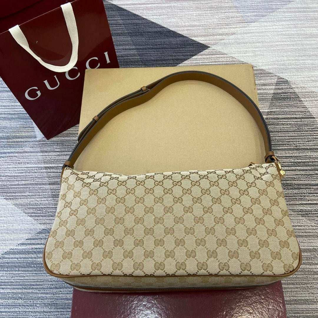 Gucci 862530 Gucci Half Horsebit Large Shoulder Bag Beige GG canvas
