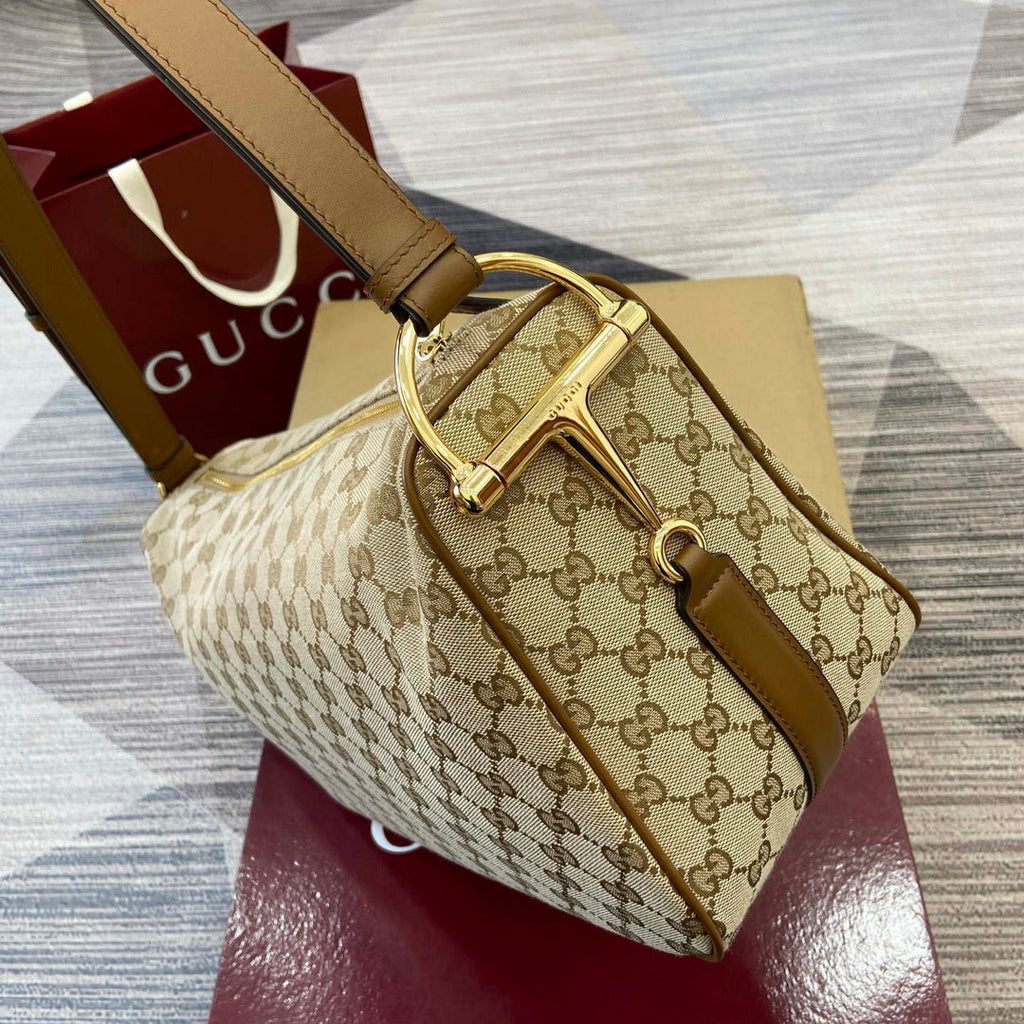Gucci 862530 Gucci Half Horsebit Large Shoulder Bag Beige GG canvas