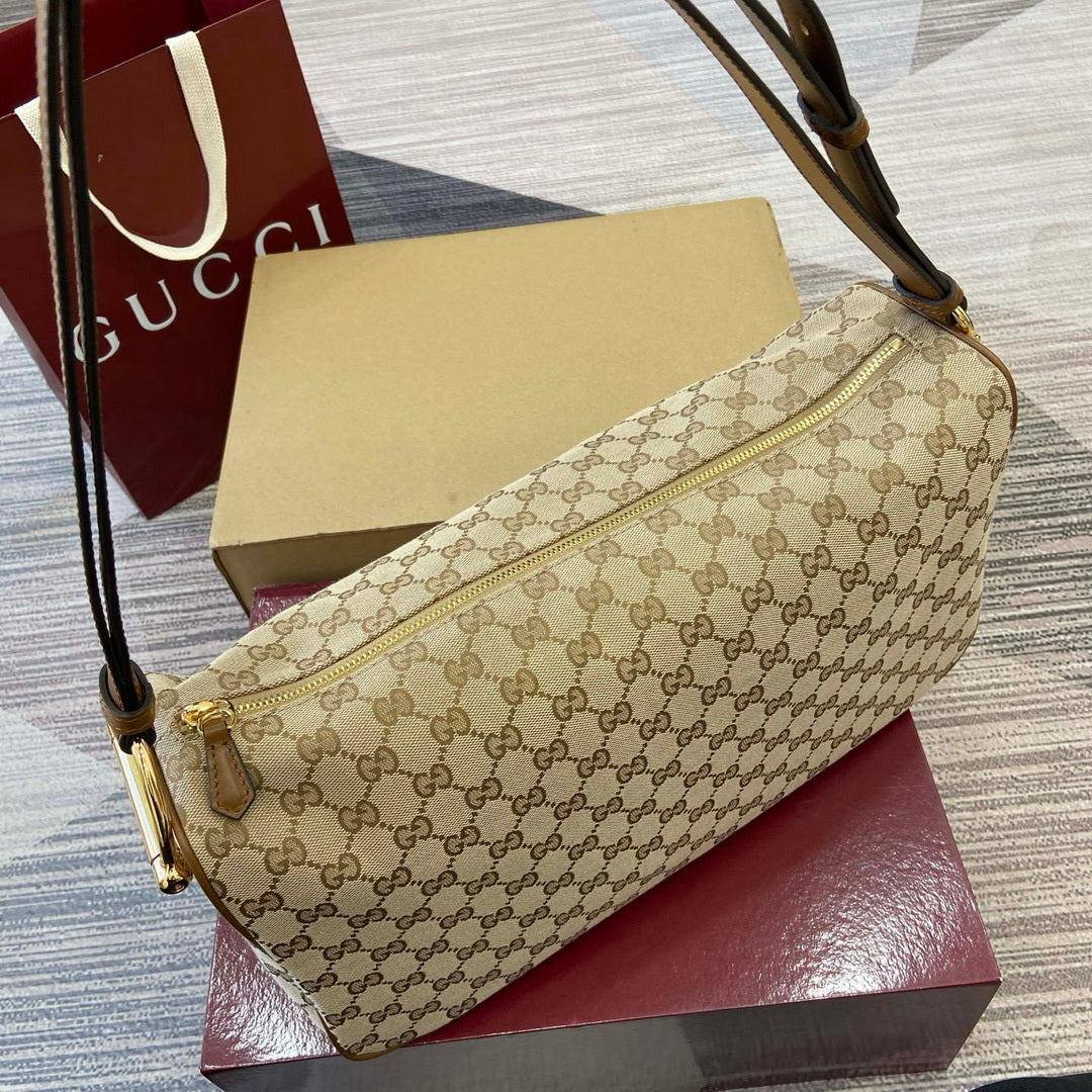 Gucci 862530 Gucci Half Horsebit Large Shoulder Bag Beige GG canvas