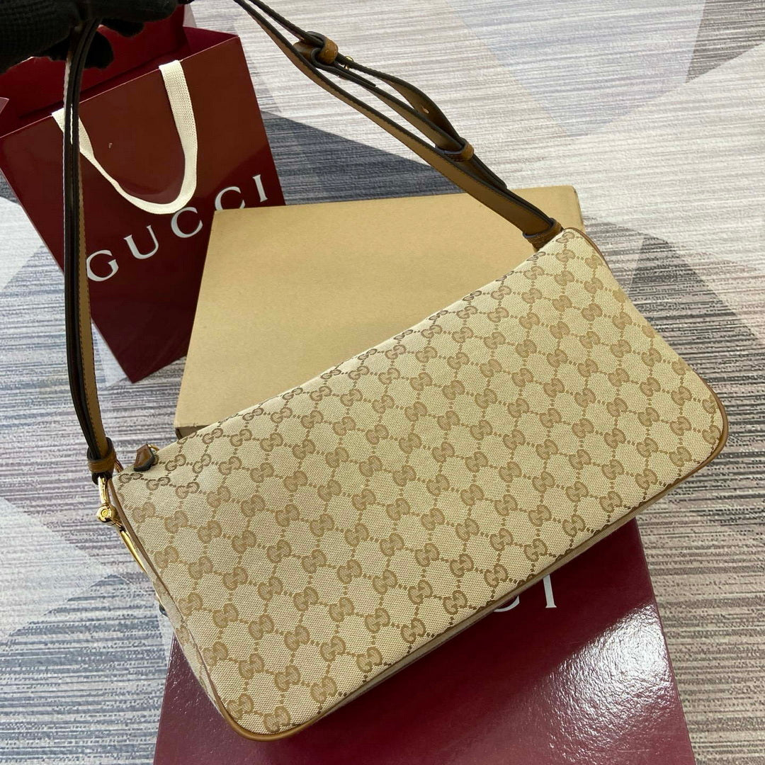 Gucci 862530 Gucci Half Horsebit Large Shoulder Bag Beige GG canvas