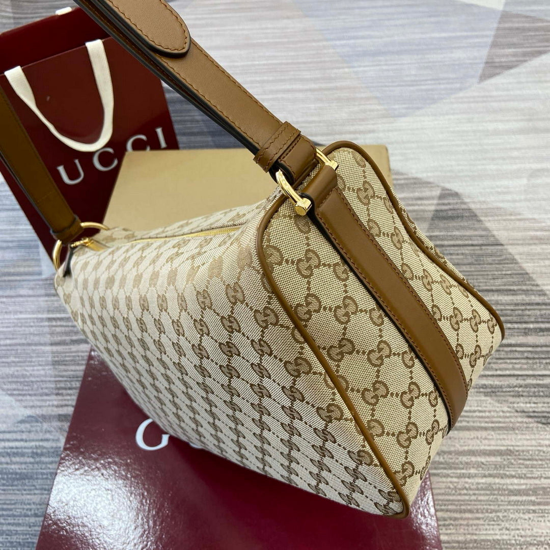 Gucci 862530 Gucci Half Horsebit Large Shoulder Bag Beige GG canvas