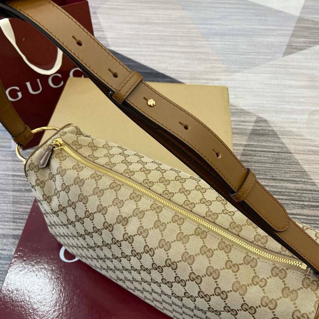 Gucci 862530 Gucci Half Horsebit Large Shoulder Bag Beige GG canvas