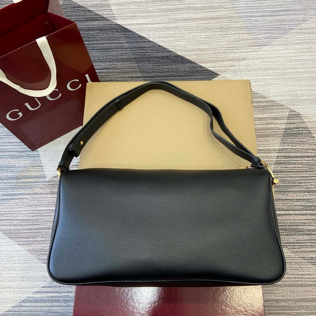 Gucci 862530 Gucci Half Horsebit Large Shoulder Bag Black soft grainy leather