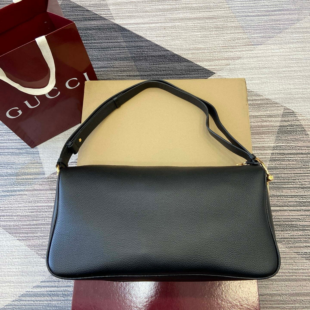 Gucci 862530 Gucci Half Horsebit Large Shoulder Bag Black soft grainy leather
