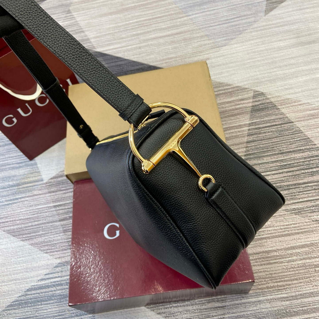 Gucci 862530 Gucci Half Horsebit Large Shoulder Bag Black soft grainy leather