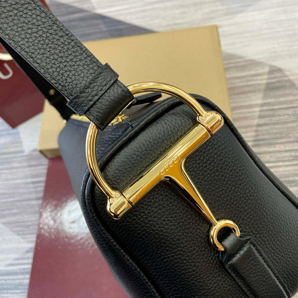 Gucci 862530 Gucci Half Horsebit Large Shoulder Bag Black soft grainy leather