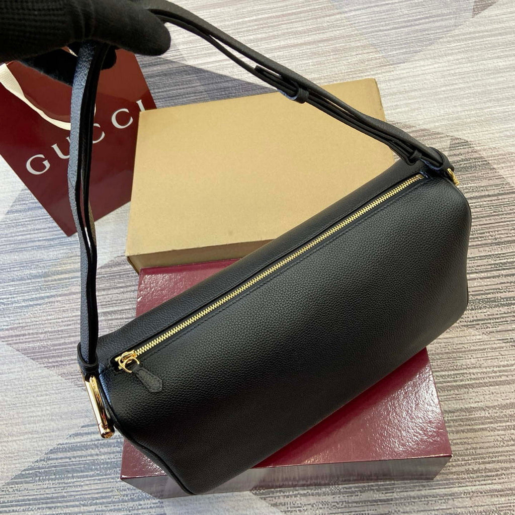 Gucci 862530 Gucci Half Horsebit Large Shoulder Bag Black soft grainy leather