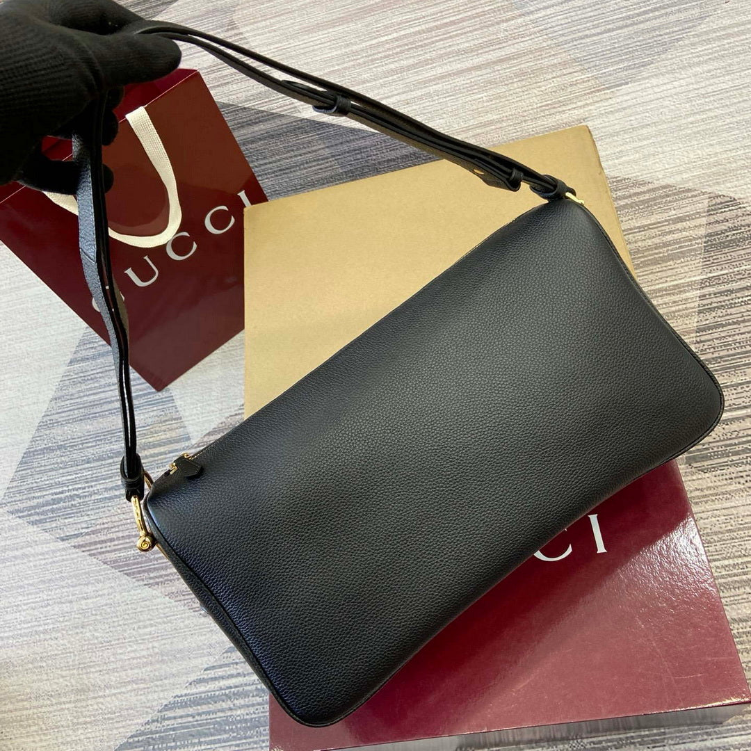 Gucci 862530 Gucci Half Horsebit Large Shoulder Bag Black soft grainy leather