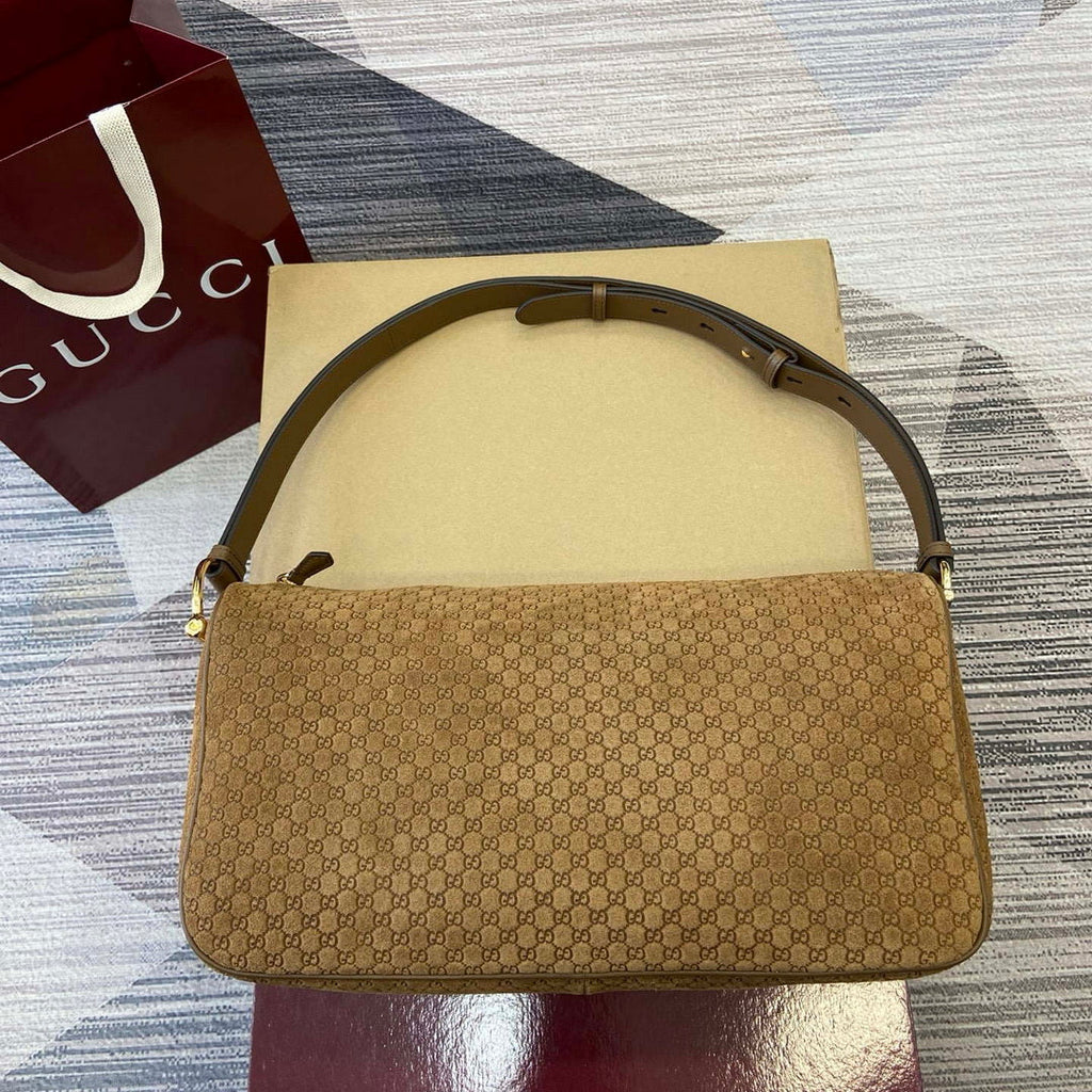 Gucci 862530 Gucci Half Horsebit Large Shoulder Bag Brown GG suede