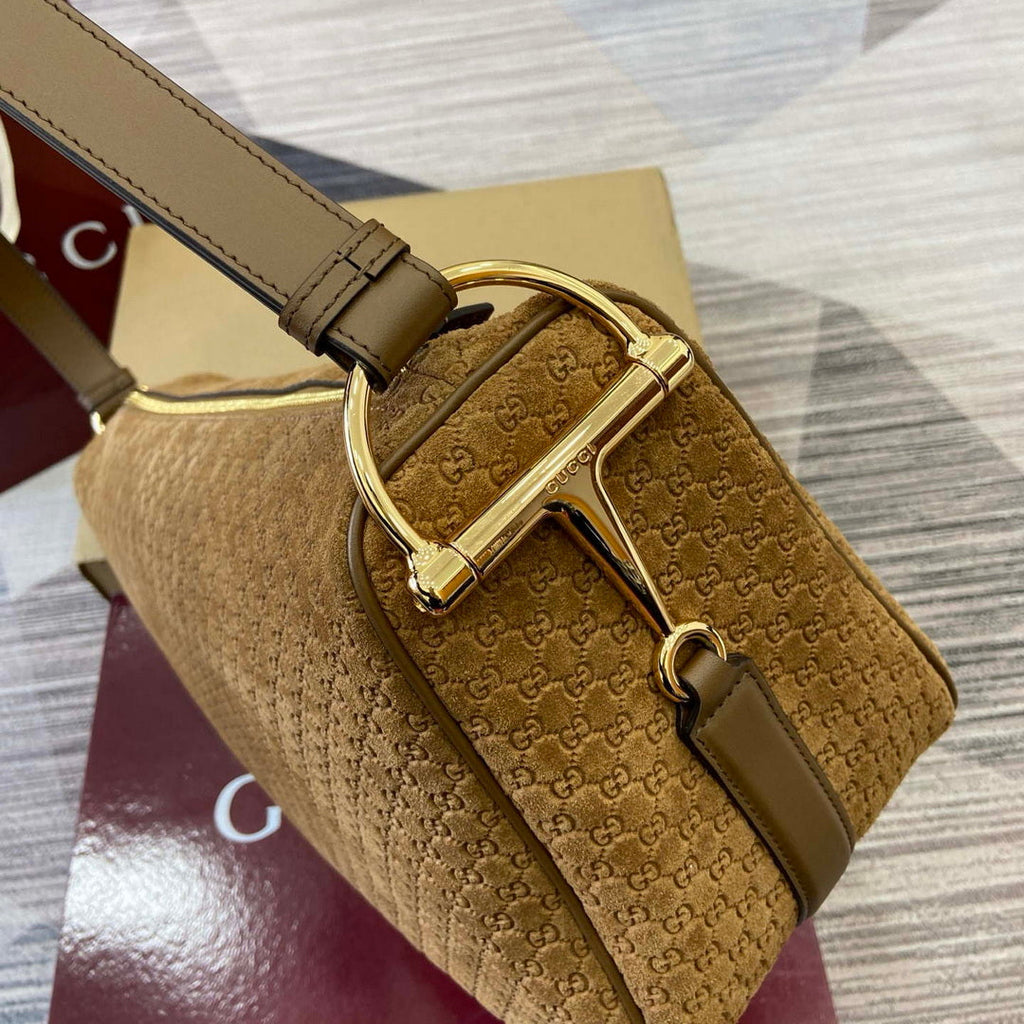 Gucci 862530 Gucci Half Horsebit Large Shoulder Bag Brown GG suede