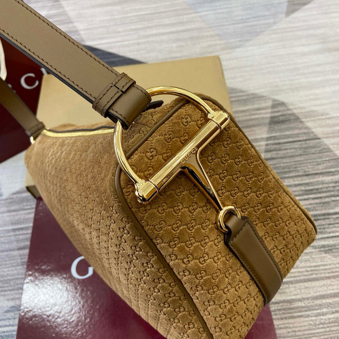 Gucci 862530 Gucci Half Horsebit Large Shoulder Bag Brown GG suede