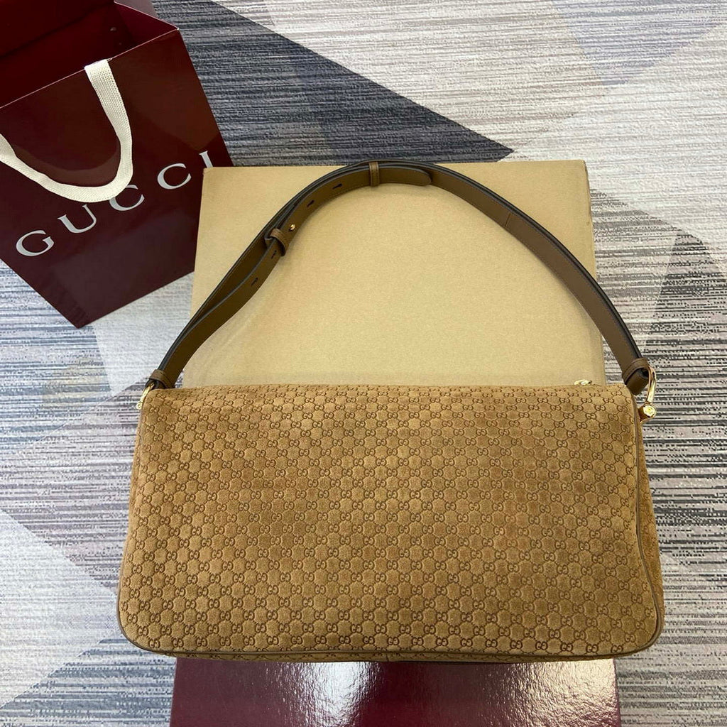 Gucci 862530 Gucci Half Horsebit Large Shoulder Bag Brown GG suede