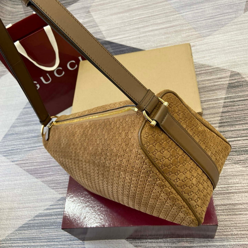 Gucci 862530 Gucci Half Horsebit Large Shoulder Bag Brown GG suede