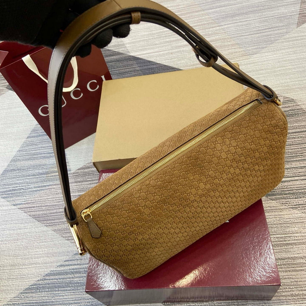 Gucci 862530 Gucci Half Horsebit Large Shoulder Bag Brown GG suede