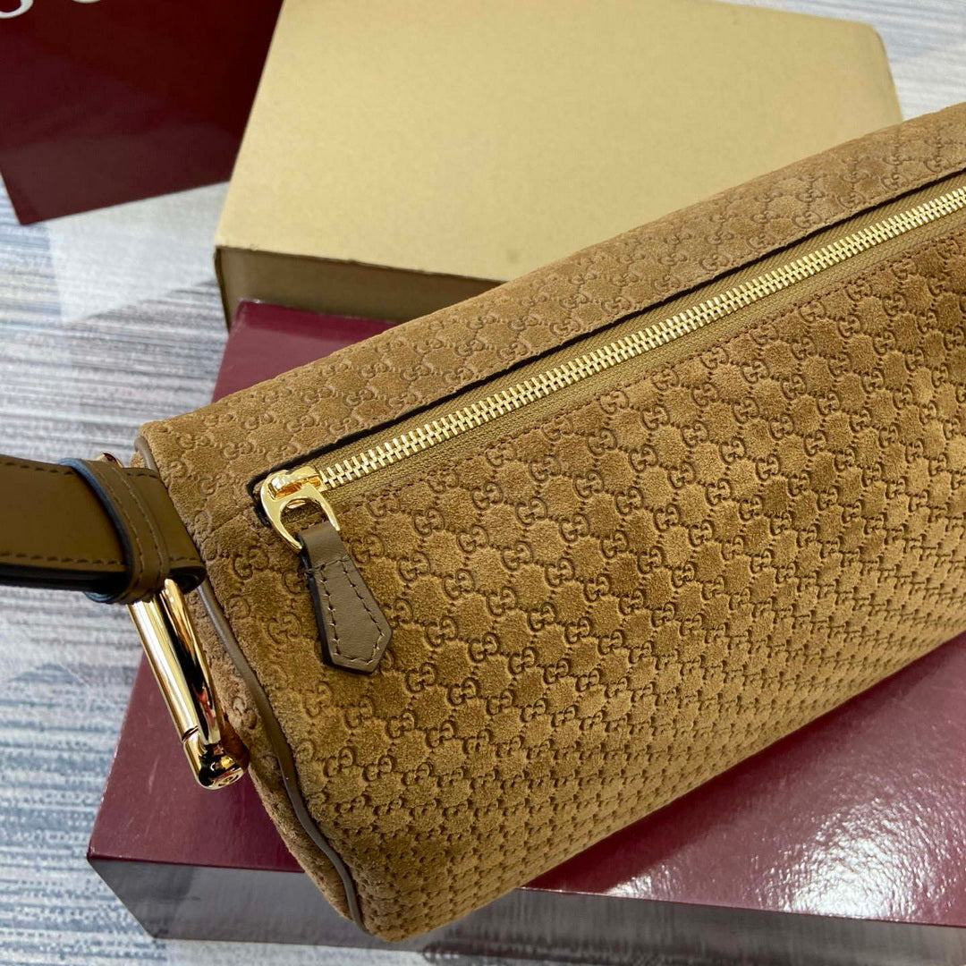 Gucci 862530 Gucci Half Horsebit Large Shoulder Bag Brown GG suede