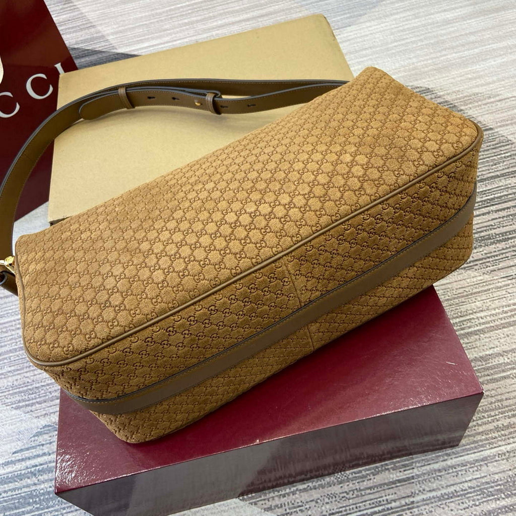 Gucci 862530 Gucci Half Horsebit Large Shoulder Bag Brown GG suede